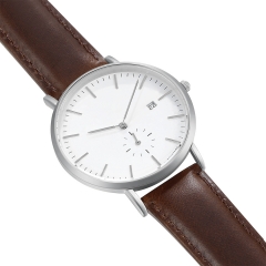 Metal Casual Round Dial Quartz Wrist Watch with Brown Leather Band