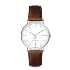 Metal Casual Round Dial Quartz Wrist Watch with Brown Leather Band